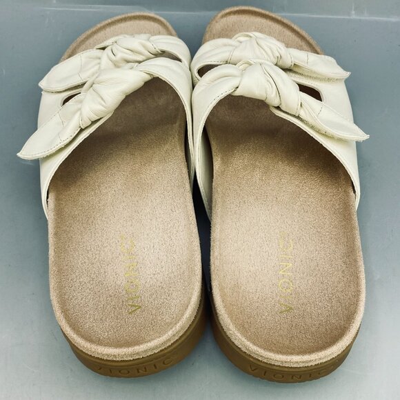 Vionic Elara Slide Sandals Womens 10 Beige Leather Strap Perfect Fit - Picture 4 of 8